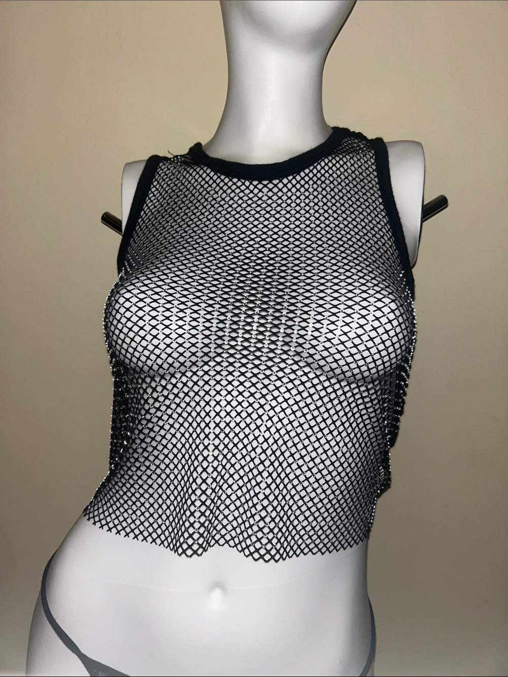 Streetwear Society Black Fishnet Rhinstone Cropped Tank
